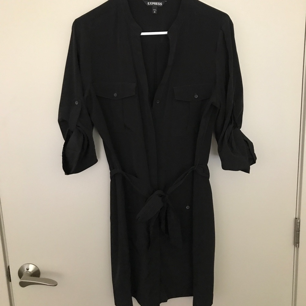 Express black button up dress with tie waist